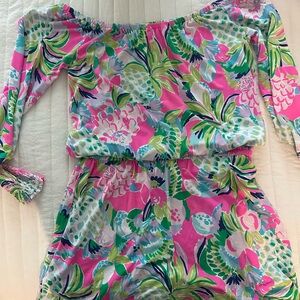 Lilly Pulitzer skort romper off the shoulder Pink and Green Floral ladies Romper